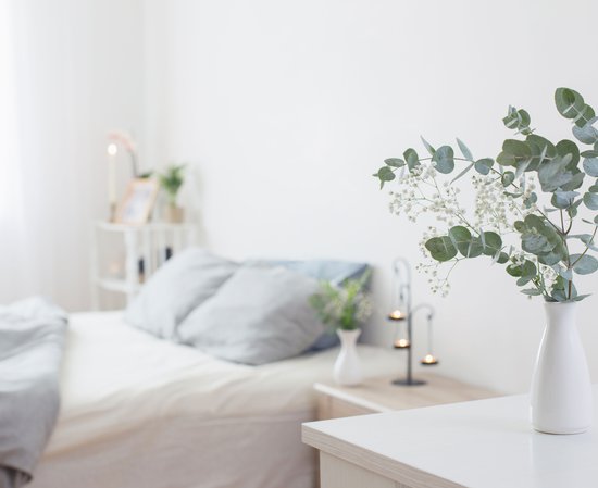eucalyptus-and-gypsophila-in-vase-in-white-bedroom-with-gold-accents-in-background